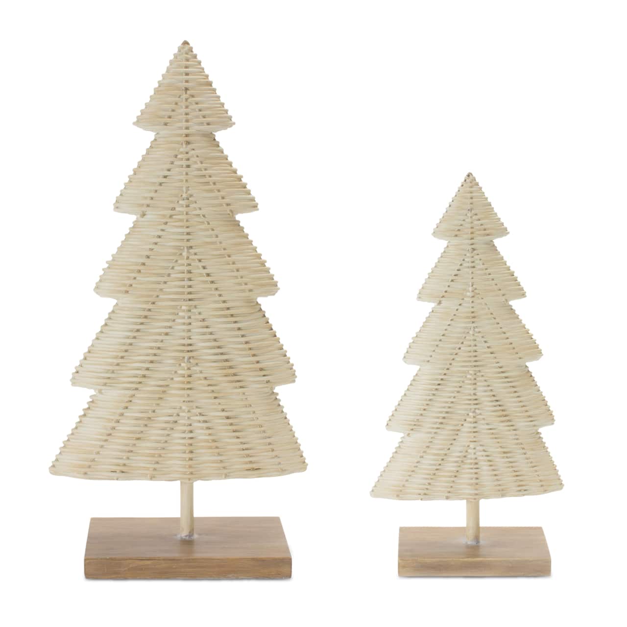 White & Beige Wicker Pine Tree Tabletop Décor Set, 17" & 13"